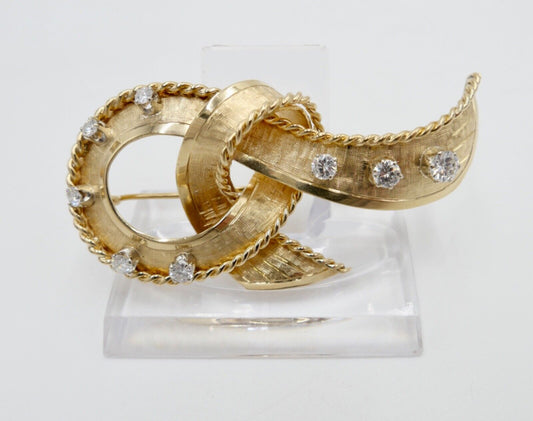 Große alte Schleifen Brosche 750 18K Gelbgold 1,34 Ctw Brillanten 66mm Punze SF - Antikhandel-Stuttgart