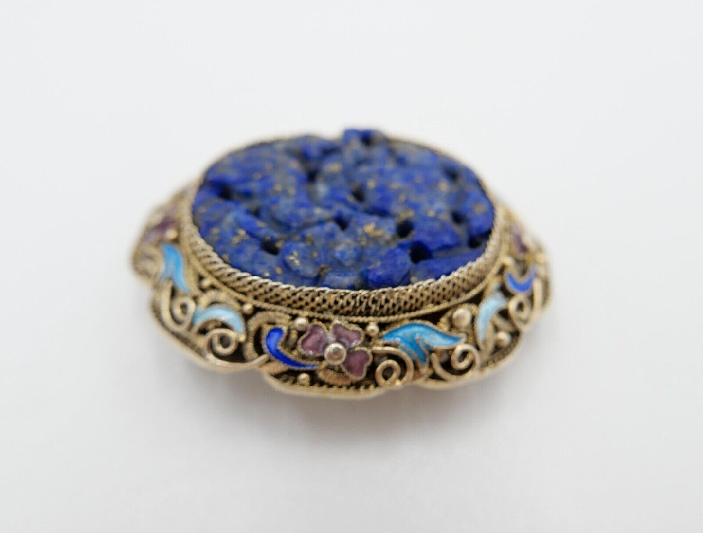 Lapislazuli Lapis Lazuli Brosche Emaille Silber vergoldet 1960er Jahre China - Antikhandel-Stuttgart