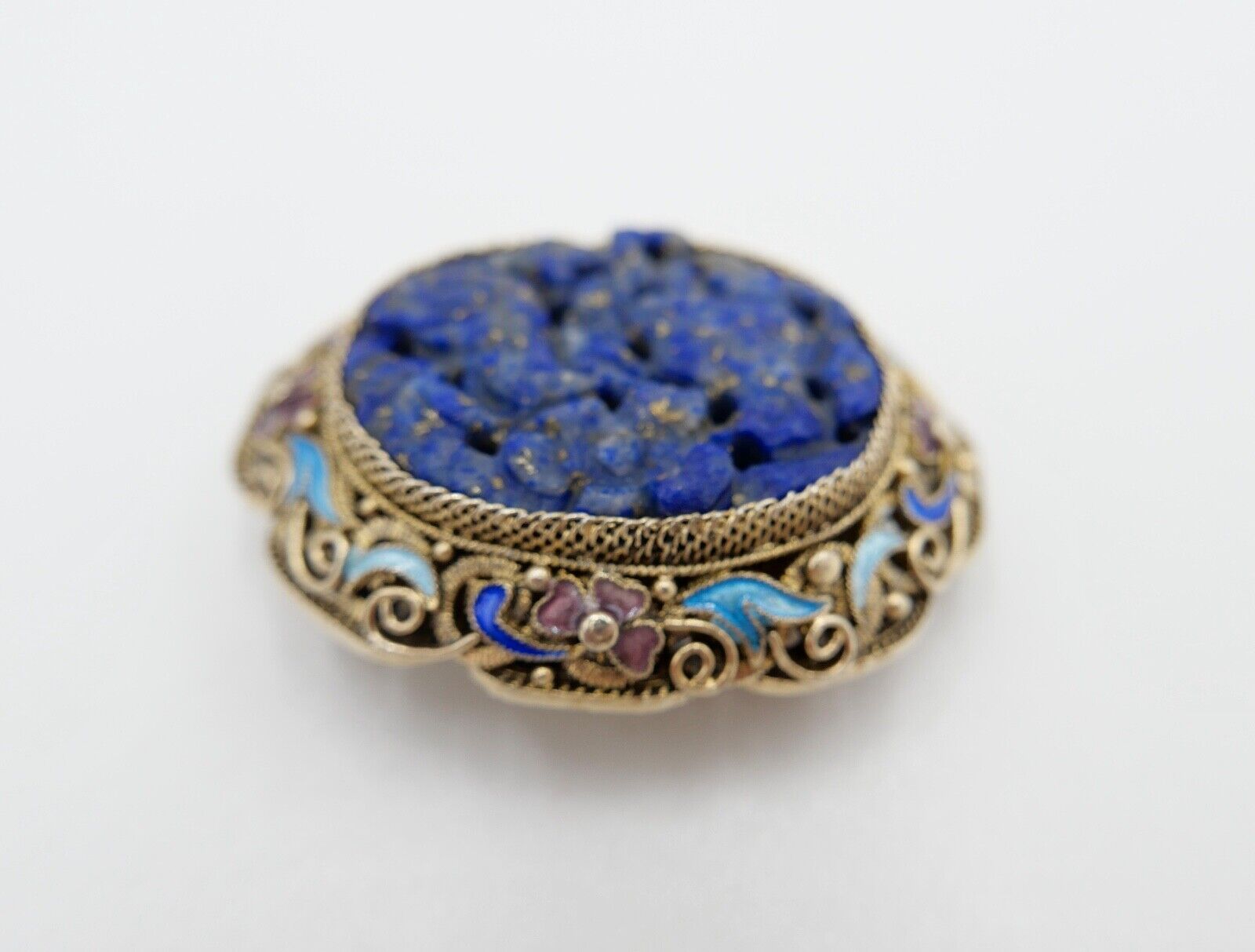 Lapislazuli Lapis Lazuli Brosche Emaille Silber vergoldet 1960er Jahre China - Antikhandel-Stuttgart