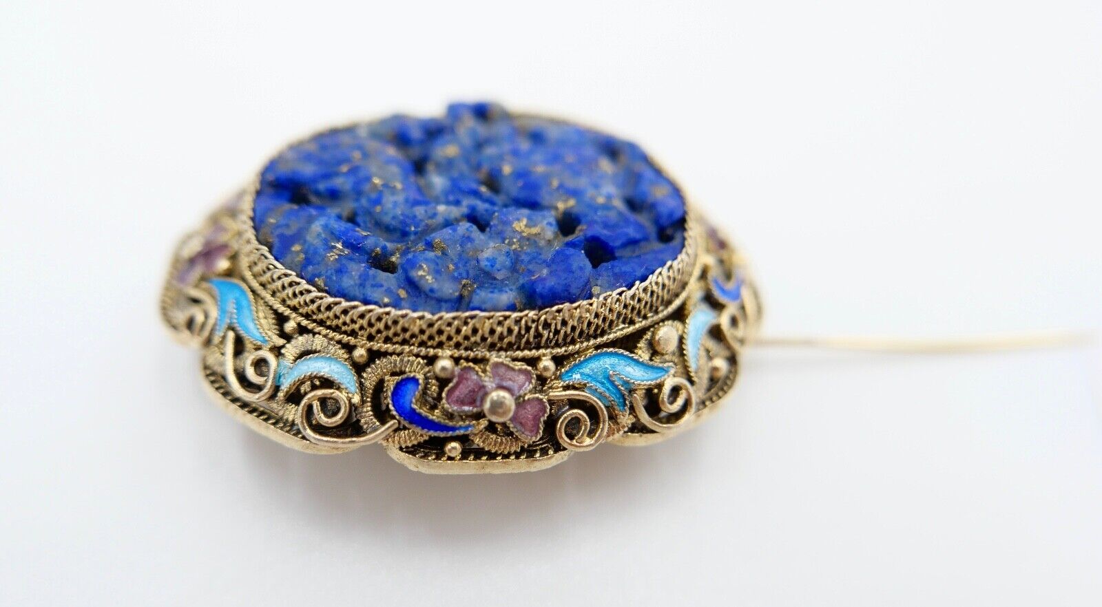 Lapislazuli Lapis Lazuli Brosche Emaille Silber vergoldet 1960er Jahre China - Antikhandel-Stuttgart