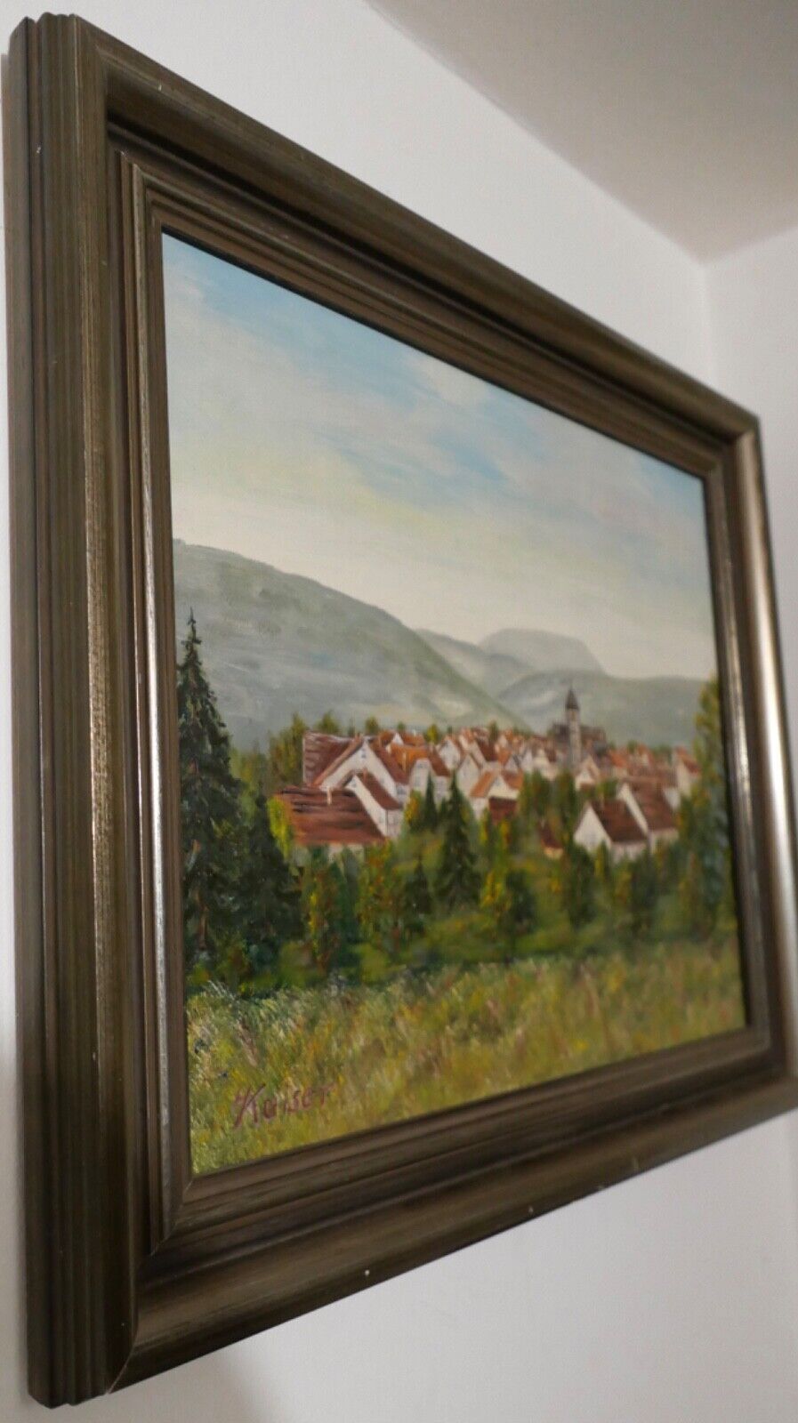 schönes Ölgemälde Tal Landschaft Dorf signiert Hugo Kaiser 62x50cm - Antikhandel-Stuttgart