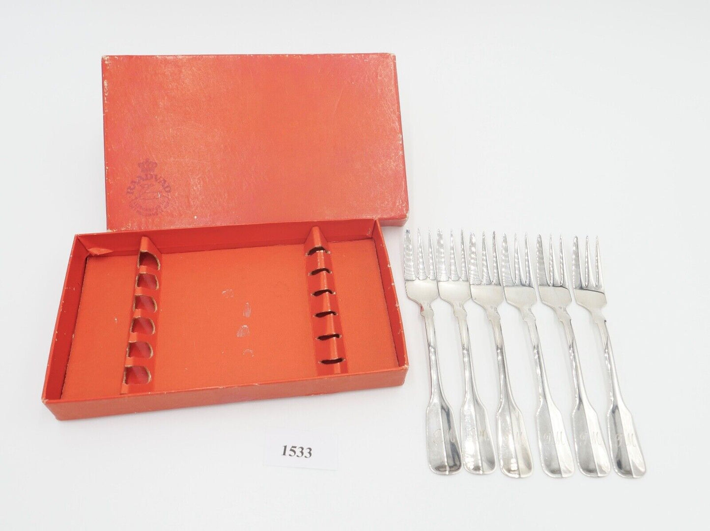 800 Silber Besteck 6 tlg. Kuchengabel Gebrüder Reiner Spatenmuster Monogramm JM - Antikhandel-Stuttgart