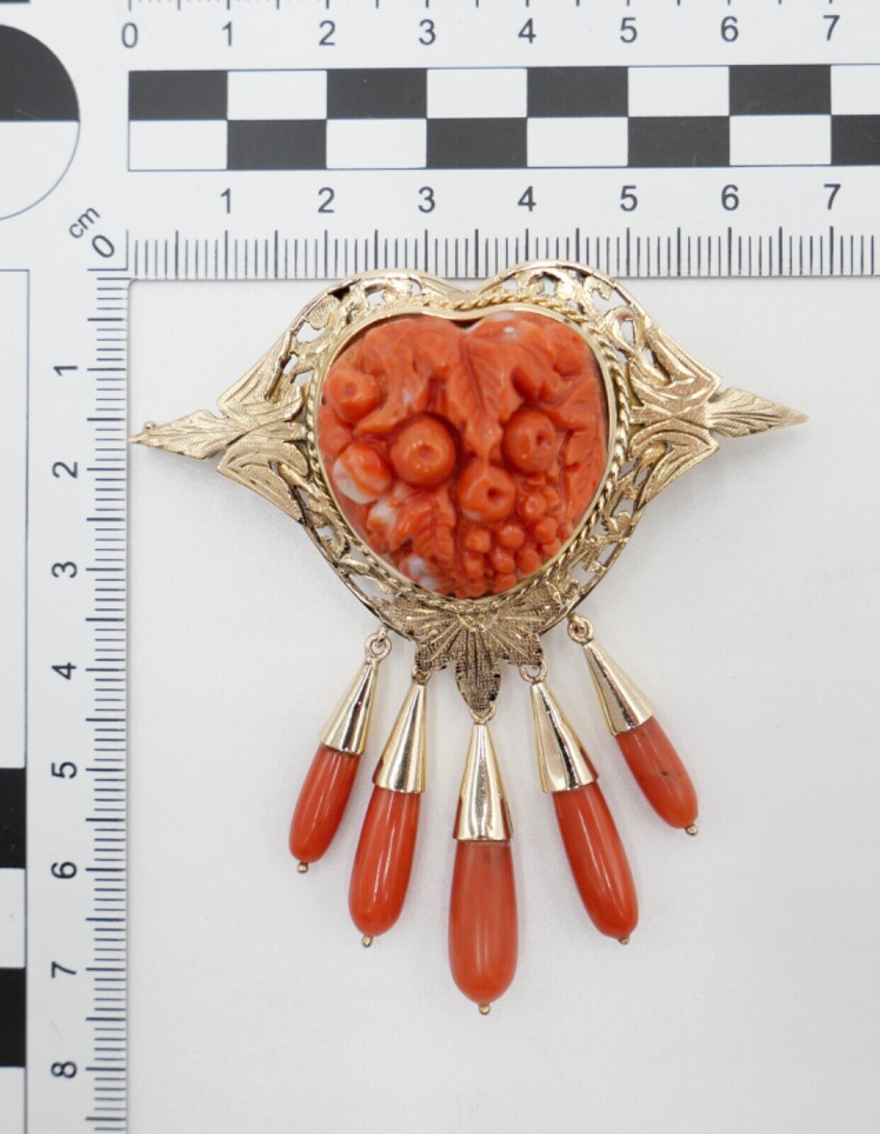 Große Antike Herz Gold Brosche / Anhänger Koralle 750 18K UNIKAT um 1850-1880 - Antikhandel-Stuttgart