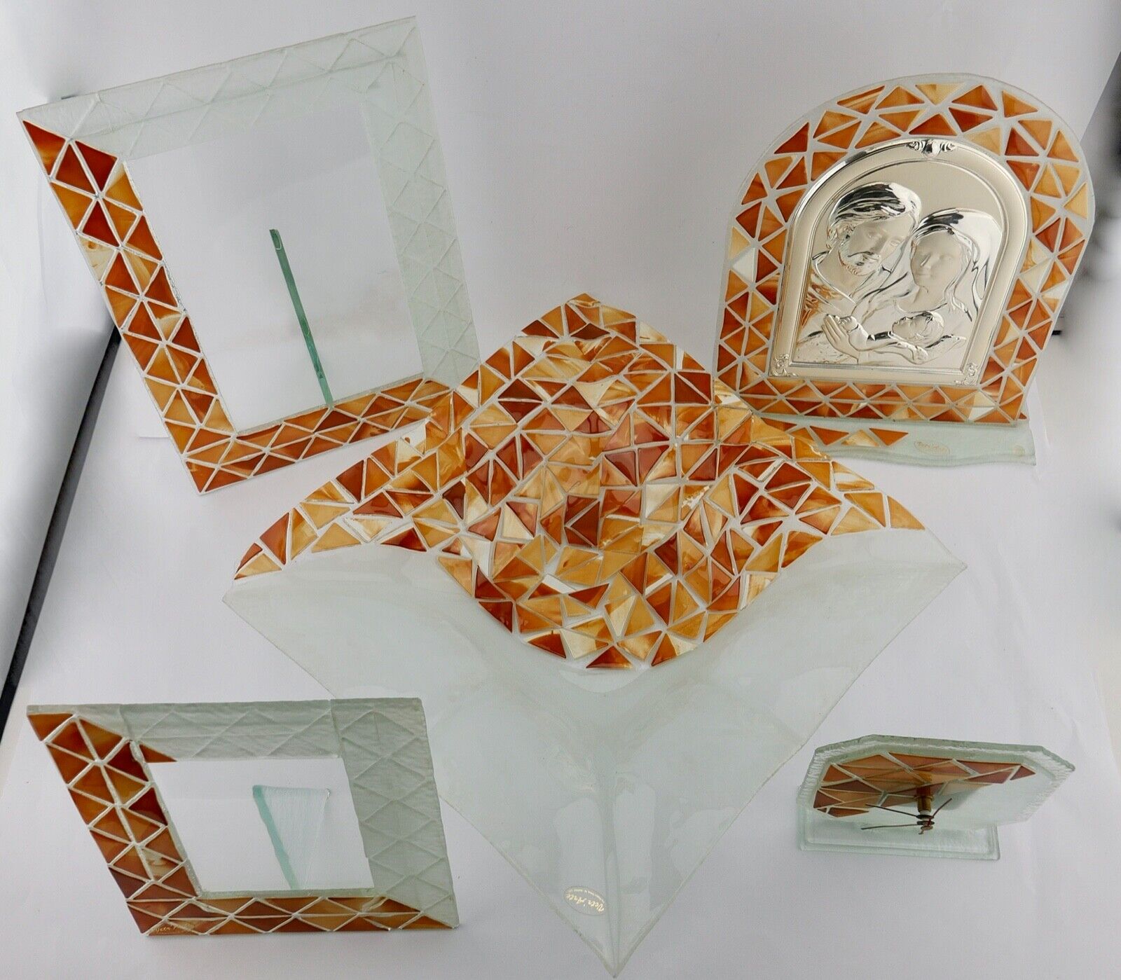 6 Teilges Wohnzimmer Set Glas Mosaik Bilderrahmen Uhr Jesus Schale aus Italien - Antikhandel-Stuttgart