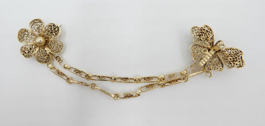 Filigrane 835 Silber Doppel Brosche vergoldet 10cm Blatt & Schmetterling Motiv - Antikhandel-Stuttgart