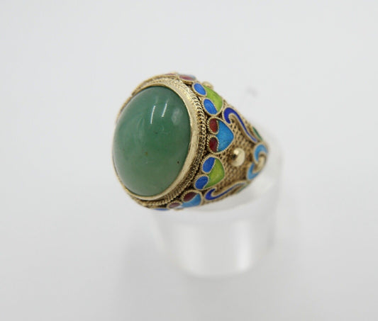 Alter Silber Ring China Silver Emaille & Jade Cabochon Email Gr. 51 vergoldet - Antikhandel-Stuttgart