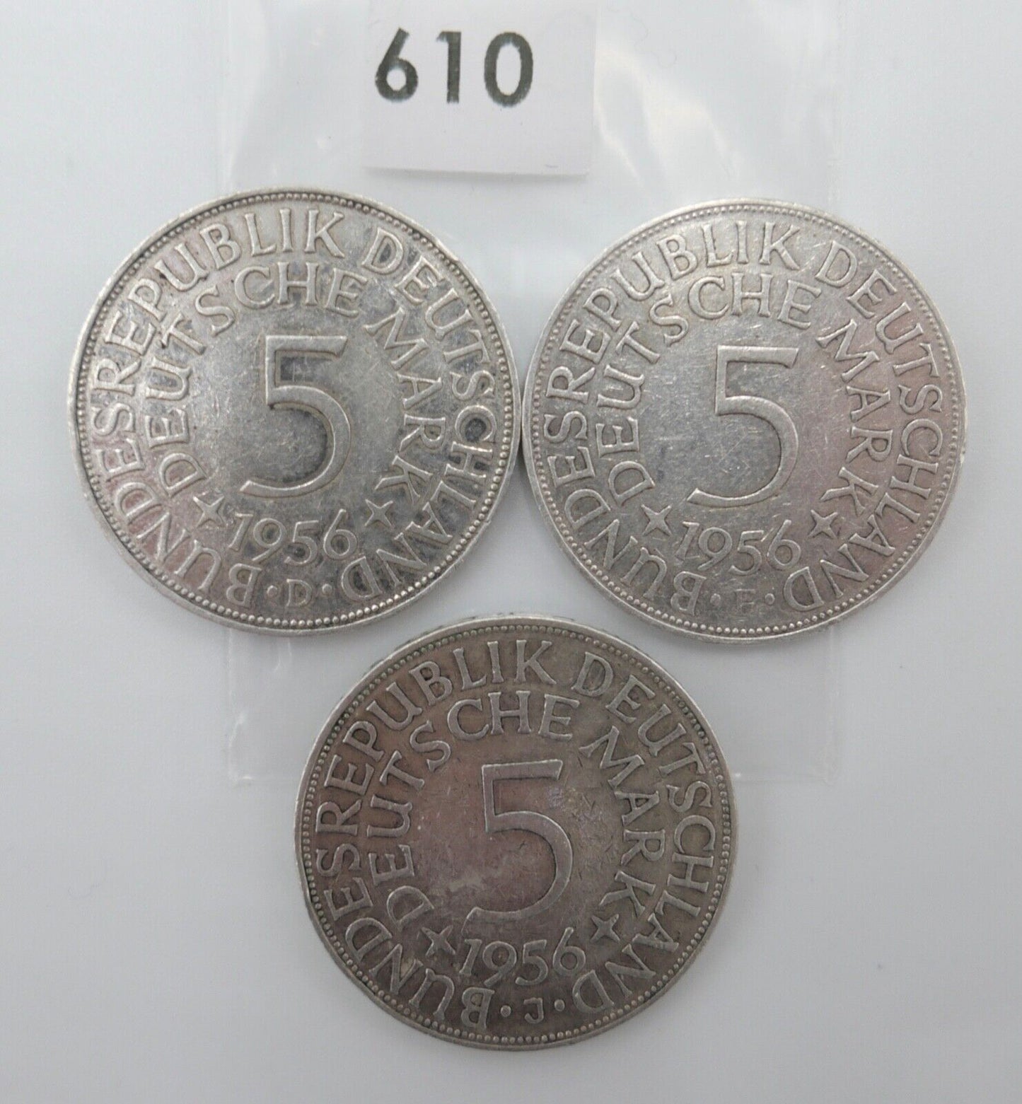 3x 5 DM 1956 J.387 Silbermünzen Silberadler Heiermann D F J - Antikhandel-Stuttgart