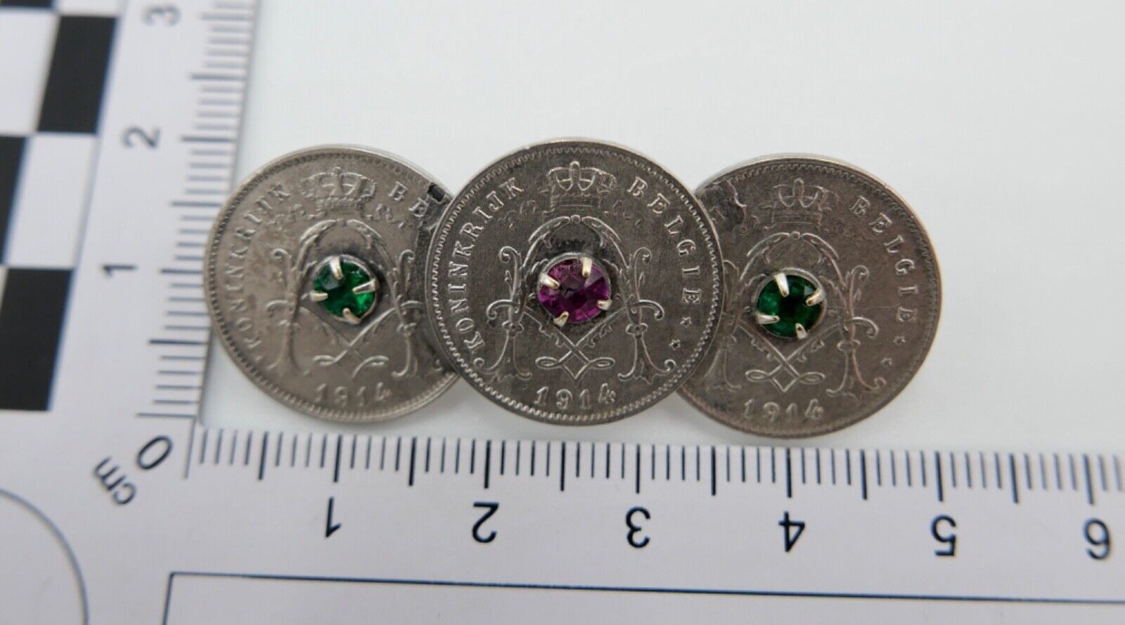 Brosche 5 Centimes CEN Belgien Belgium 1914 mit Pink & Grün Glas Einsatz - Antikhandel-Stuttgart