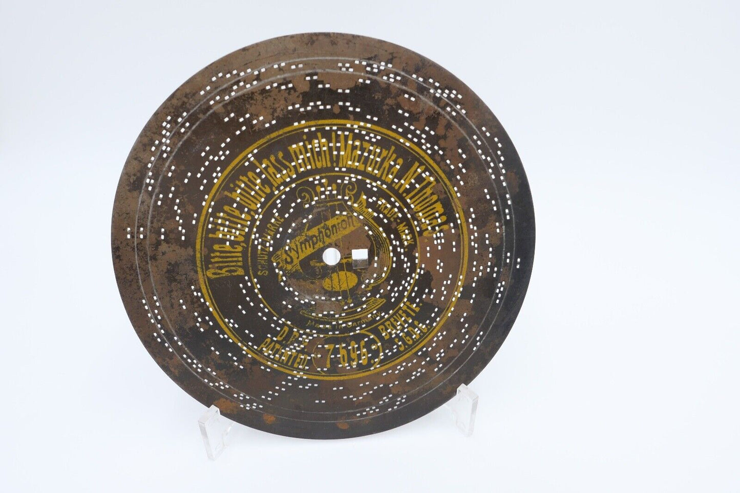 7696 Symphonion Lochplatte Spieluhr Spieldose BITTE LASS MICH MAZURKA Ø 19,5 - Antikhandel-Stuttgart