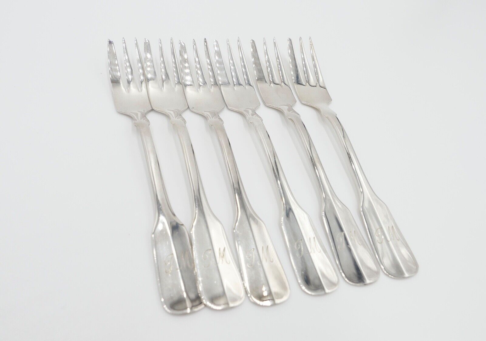 800 Silber Besteck 6 tlg. Kuchengabel Gebrüder Reiner Spatenmuster Monogramm JM - Antikhandel-Stuttgart