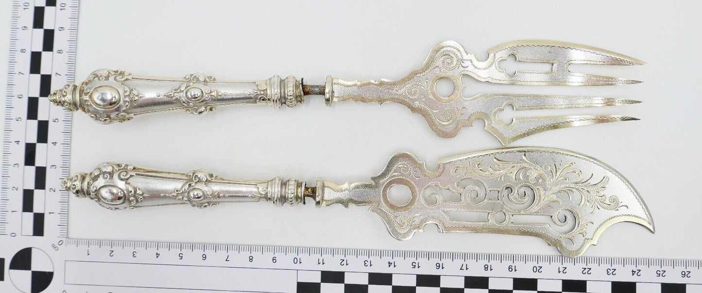 Seltenes Antikes 2 Tlg. Vorlegebesteck Fischgerichte Silber / vergoldet 19. JH - Antikhandel-Stuttgart