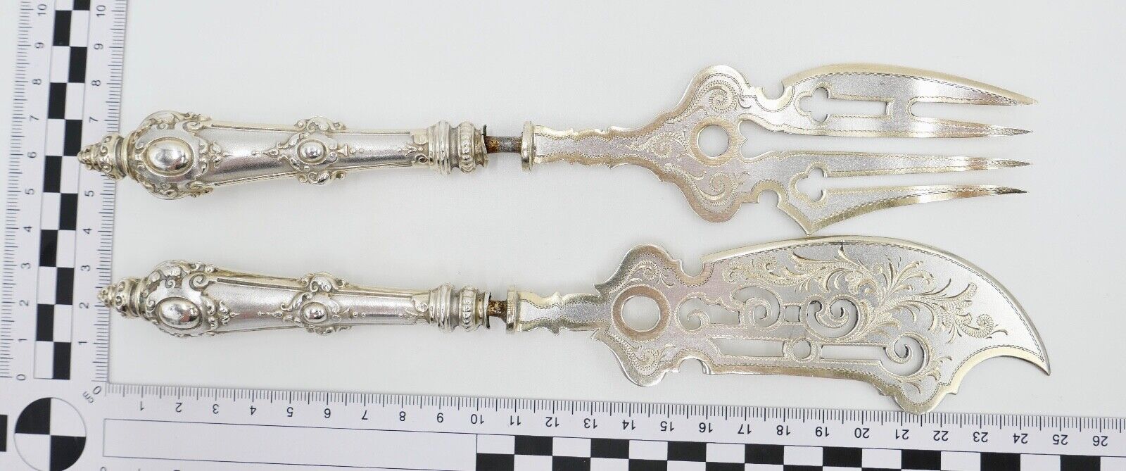 Seltenes Antikes 2 Tlg. Vorlegebesteck Fischgerichte Silber / vergoldet 19. JH - Antikhandel-Stuttgart