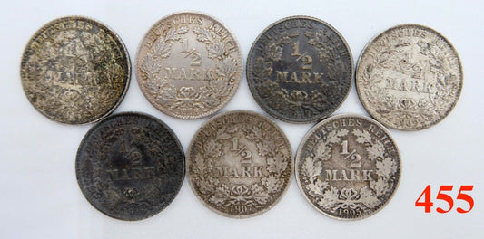 7x 1/2 Mark 1905 1907 1909 1915 1916 1917 1918 F D G A Silbermünze Jäger J.16 - Antikhandel-Stuttgart