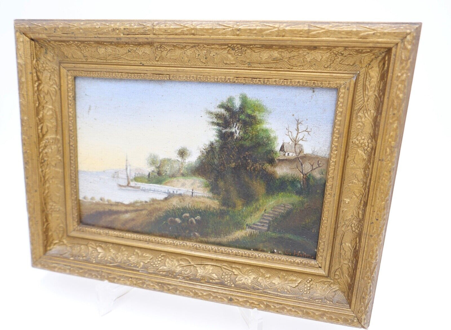 kleines Ölgemälde Öl auf Holz sig. C. Halm Landschaft Dünen Hafen very. Dänemark - Antikhandel-Stuttgart