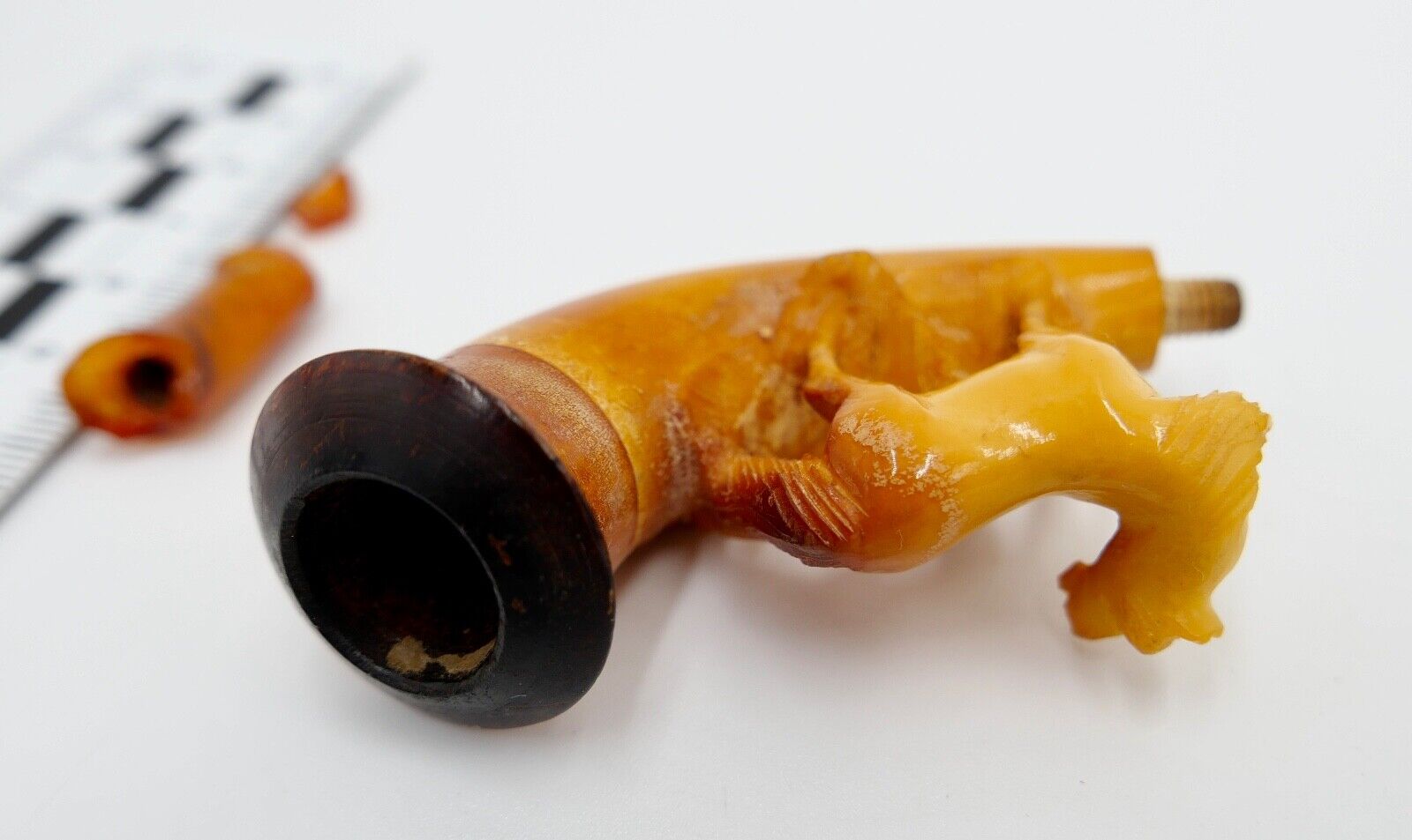 Alte Antike Meerschaumpfeife Bernstein Pipa Etui Pfeife Motiv PFERD - Antikhandel-Stuttgart