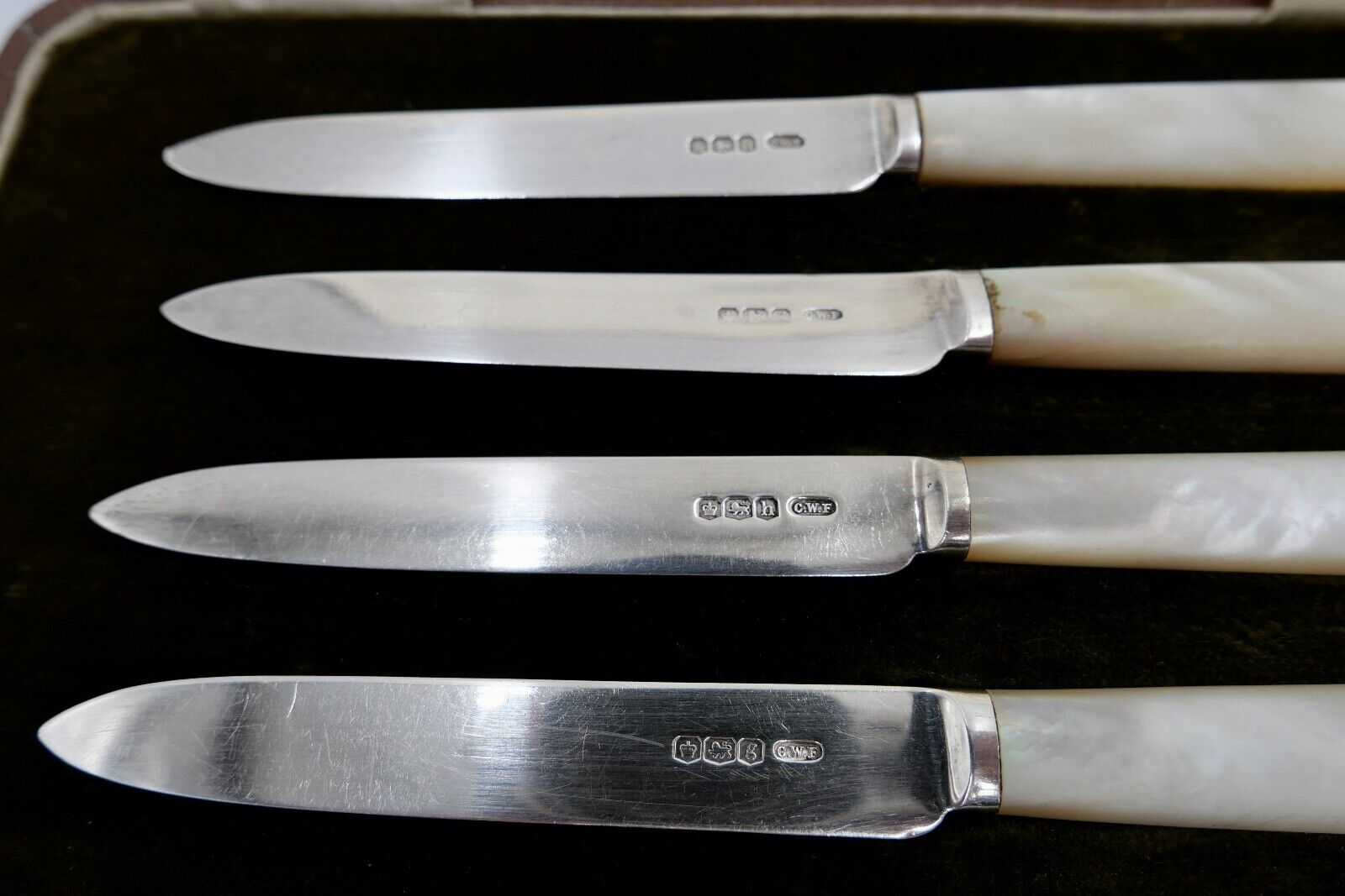 6 Antik Messer 925 Silber C.W.F Charles William Fletcher Sheffield Perlmutt 1924 - Antikhandel-Stuttgart