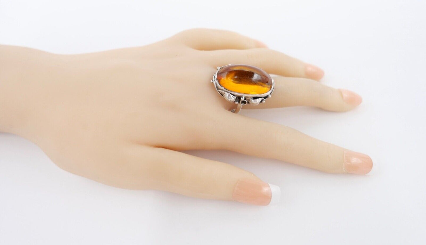 Bernstein H.W. Designer Ring floral Gr. 56 Silber 925 - Antikhandel-Stuttgart