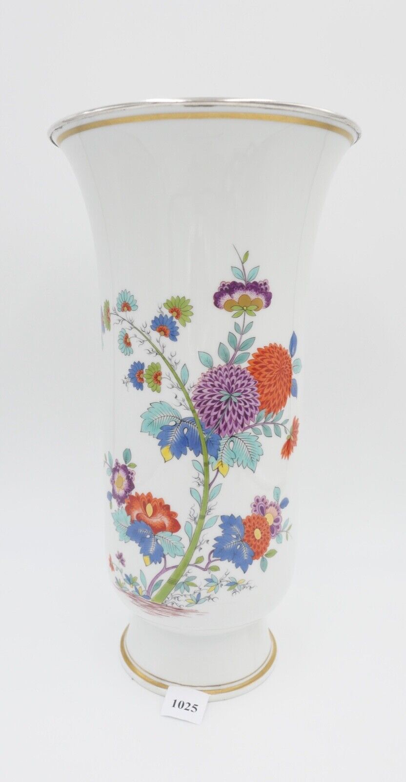 Meissen 1. Wahl L. 262 Unikat Vase 34,5cm hoch indische Blumen mit Silbermontur - Antikhandel-Stuttgart