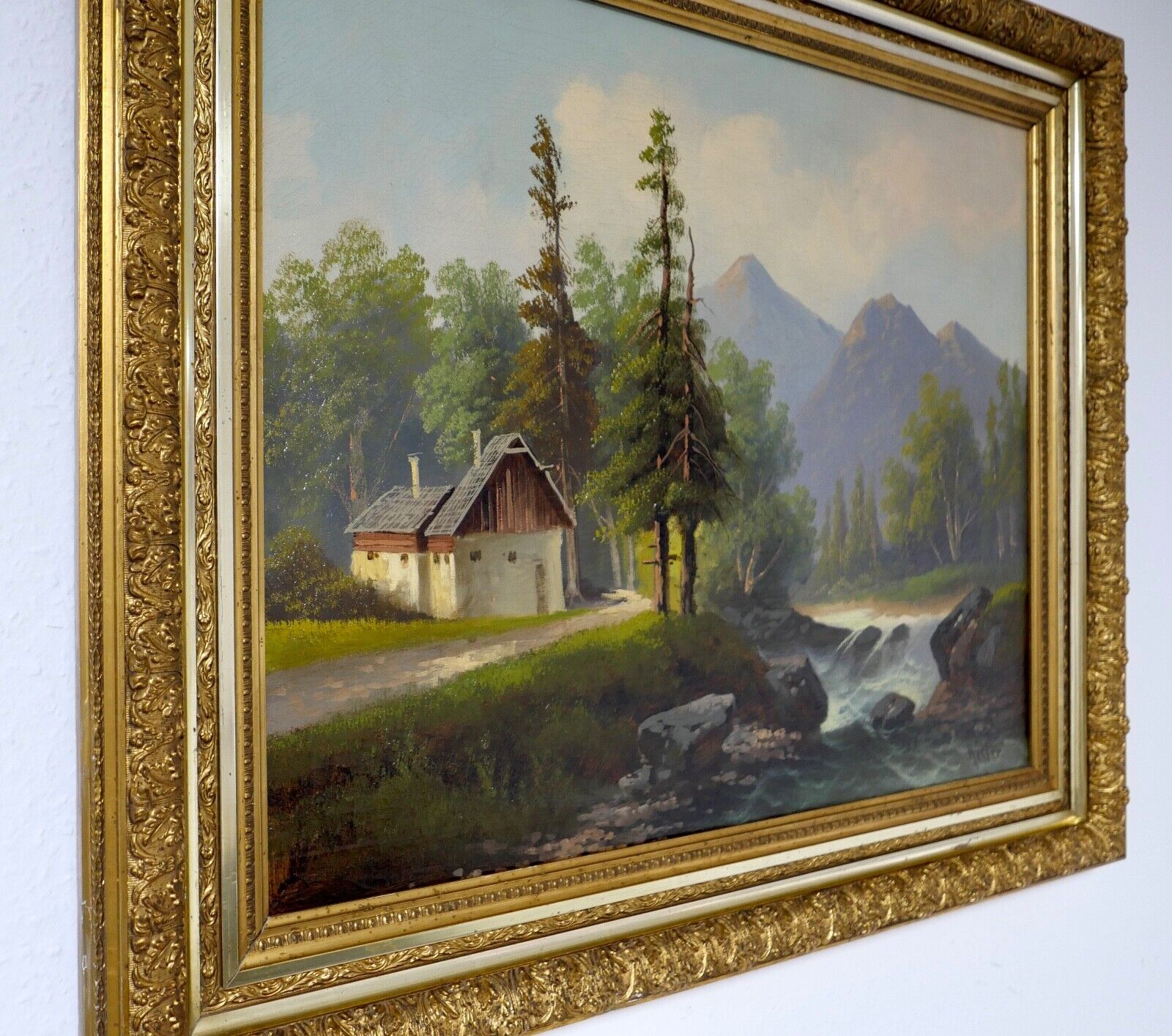 Gemälde Bach / Wald / Berg Landschaft Öl auf Leinwand Prunkrahmen 85x72cm KELLER - Antikhandel-Stuttgart