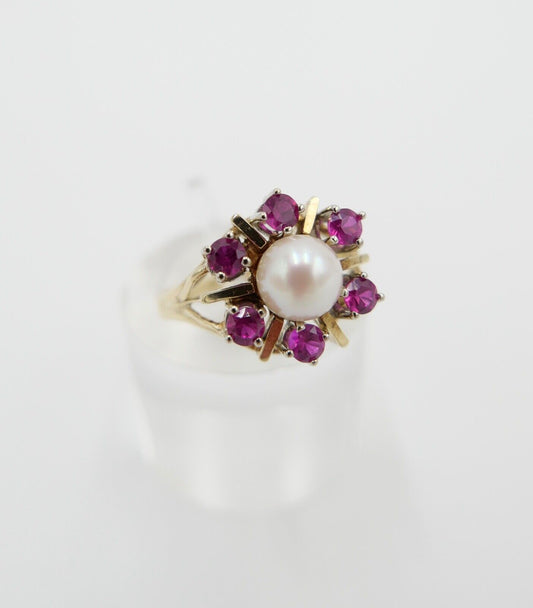 80er Jahre Ring Gold 585 / 14K Weißgoldfassung Zuchtperle Rubine Gr. 53 - Antikhandel-Stuttgart