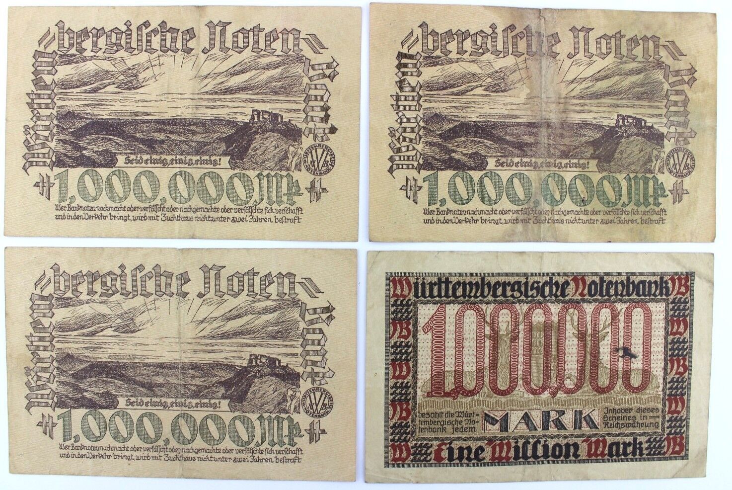 4x WTB 17 18 Länder Banknote 1 Million Mio Mark 1923 old Bill Württemberg RO - Antikhandel-Stuttgart