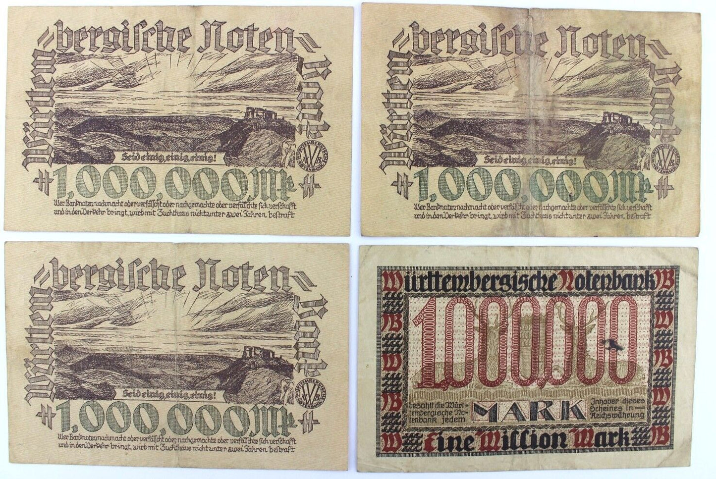 4x WTB 17 18 Länder Banknote 1 Million Mio Mark 1923 old Bill Württemberg RO - Antikhandel-Stuttgart