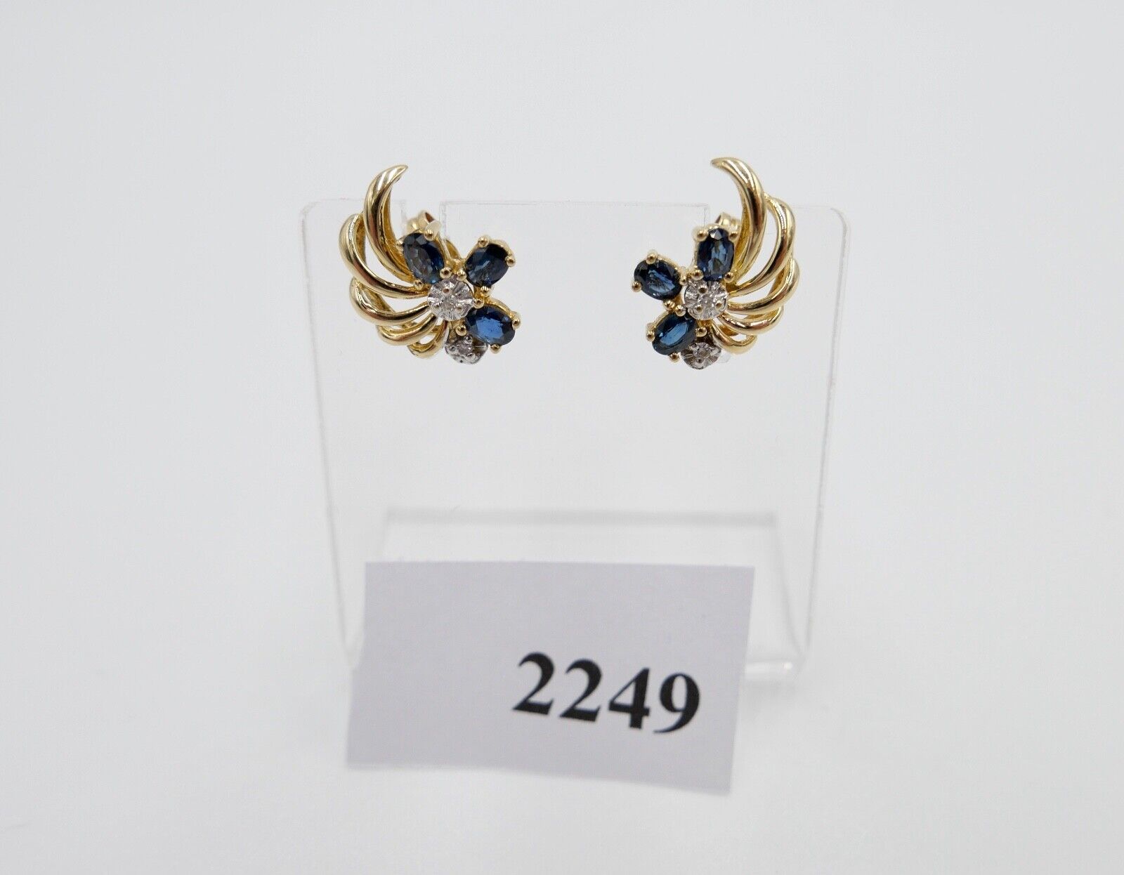 1970er Gelbgold 750 18K Brillant & Saphir 0,44 Ctw Ohrringe Ohrstecker Ø 15mm - Antikhandel-Stuttgart