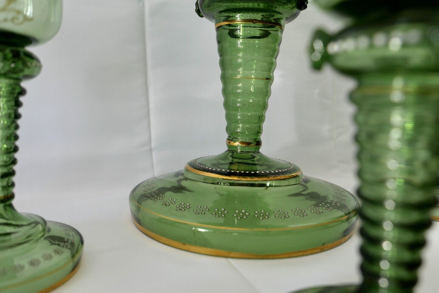 Antike Weinrömer Gläser Pokal XXL Bowle Set grün Emaille RAR Goldrand 53cm 1900 - Antikhandel-Stuttgart