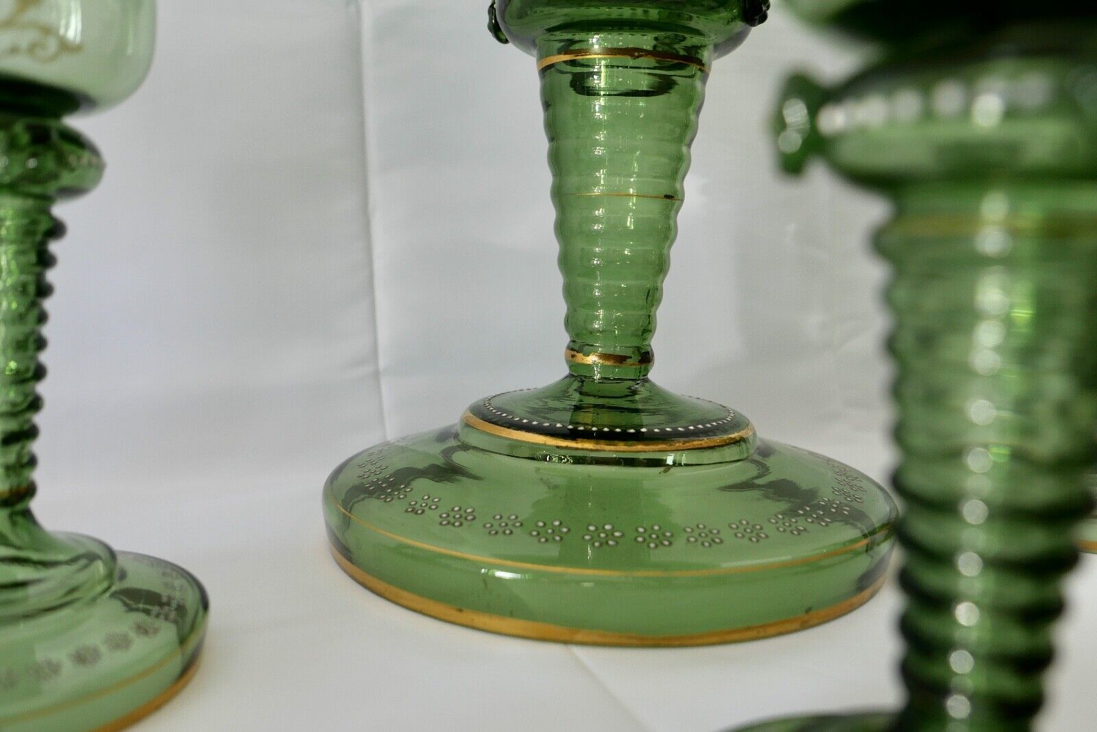 Antike Weinrömer Gläser Pokal XXL Bowle Set grün Emaille RAR Goldrand 53cm 1900 - Antikhandel-Stuttgart