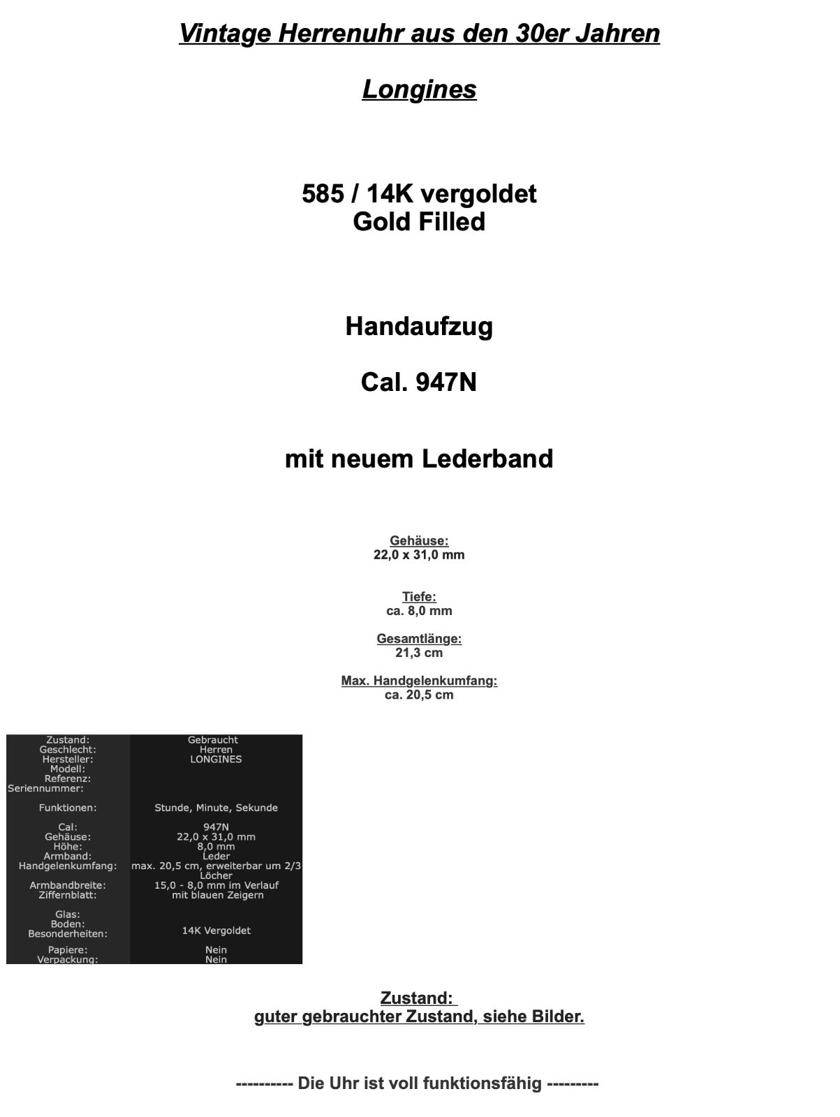 1930er VINTAGE LONGINES Herren vergoldet gold filled Cal. 947N neues Lederband - Antikhandel-Stuttgart