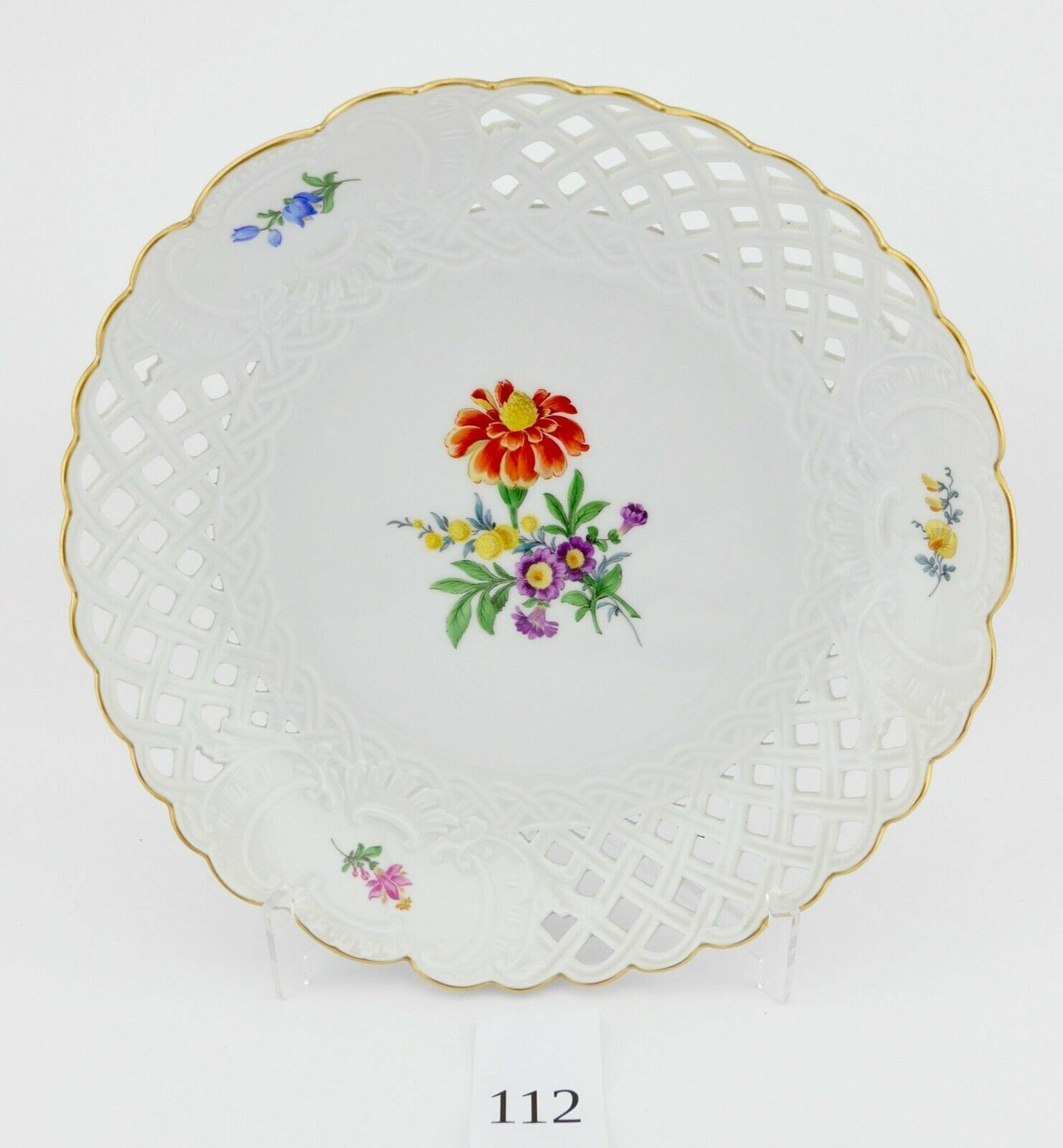 Meissen Durchbruchschale Weiß Goldrand Ø 25 cm Blumendekor 332 46a / 206 - Antikhandel-Stuttgart