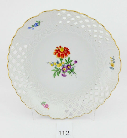 Meissen Durchbruchschale Weiß Goldrand Ø 25 cm Blumendekor 332 46a / 206 - Antikhandel-Stuttgart