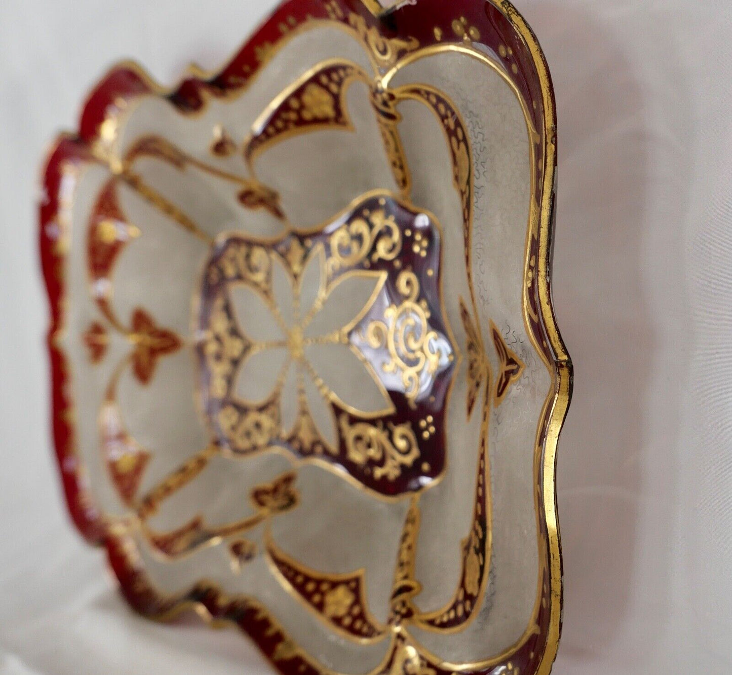 Antike Jugendstil Glasschale um 1900 Rot Gold Handgefertigt Handbemalt 34x23cm - Antikhandel-Stuttgart