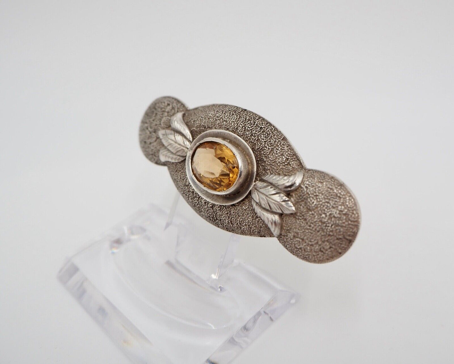 50er Jahre florale Silber 835 große Brosche 66 mm Schmuckstein orange Glasstein - Antikhandel-Stuttgart