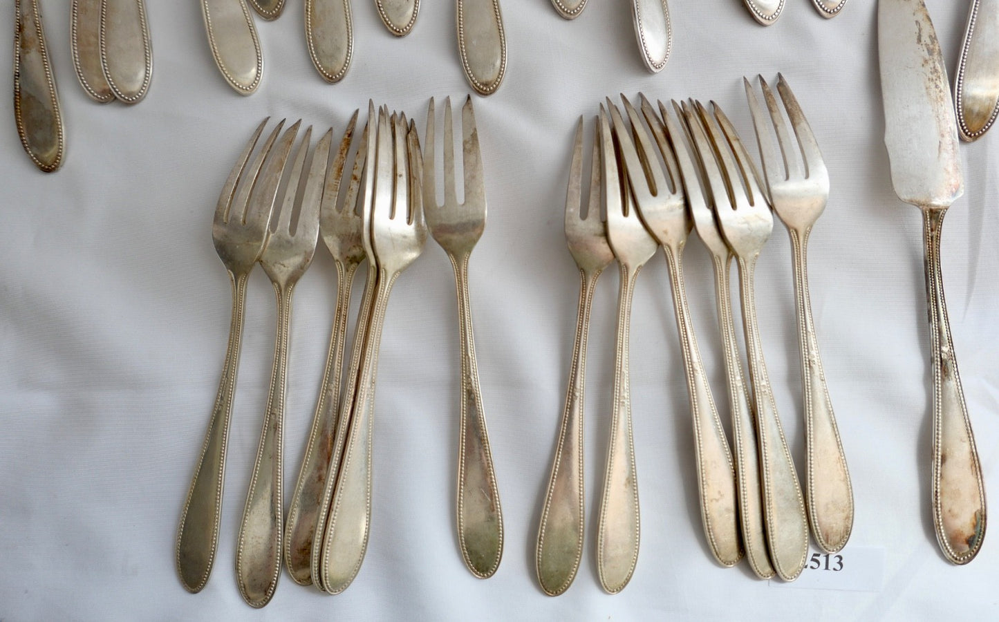 WMF G Perlrand 36 tlg. versilbert I/O Monogram PD um 1910 Straußen Fischbesteck