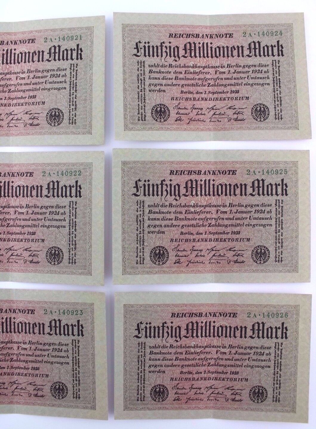 6x Ro. 108a Banknote 50 Millionen Mark Fortlaufend NR fast KFR 1923 TOP old Bill - Antikhandel-Stuttgart