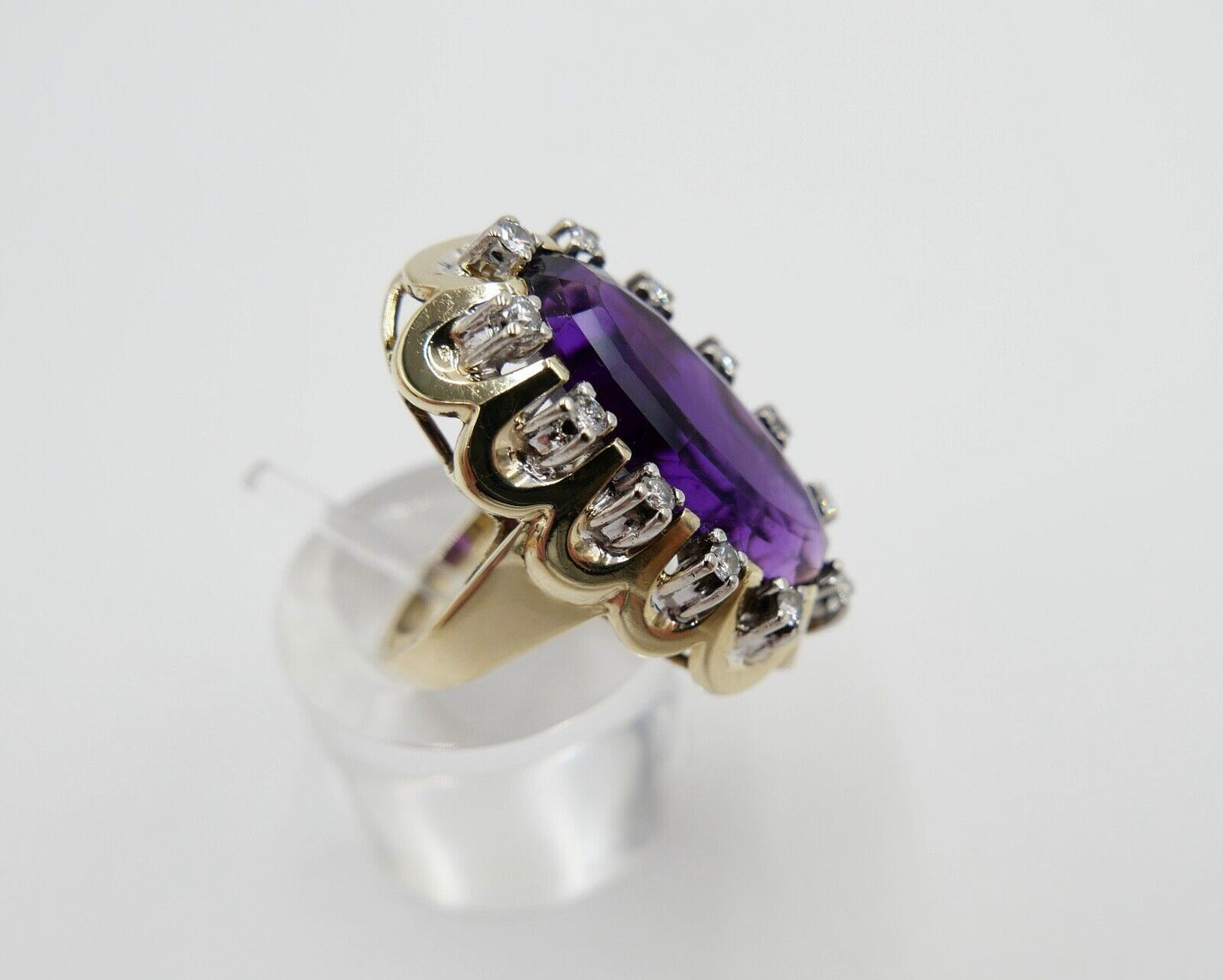 1980er Damenring Gelbgold 585 14K Brillant & Amethyst 15,68 Ctw Gr. 51-52 - Antikhandel-Stuttgart