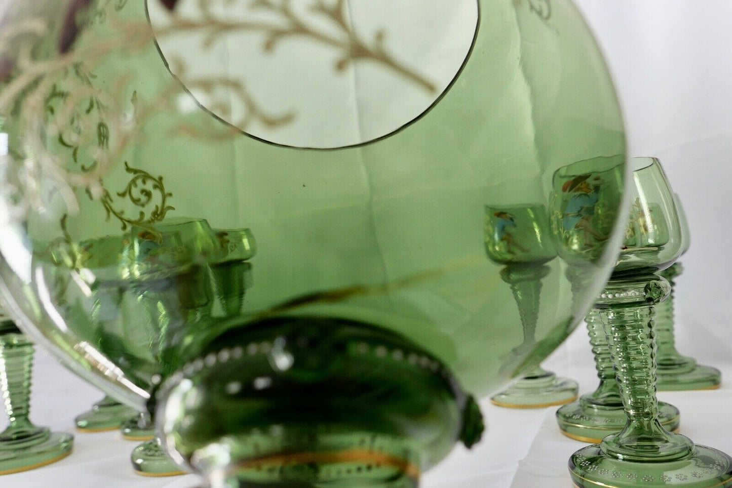 Antike Weinrömer Gläser Pokal XXL Bowle Set grün Emaille RAR Goldrand 53cm 1900 - Antikhandel-Stuttgart