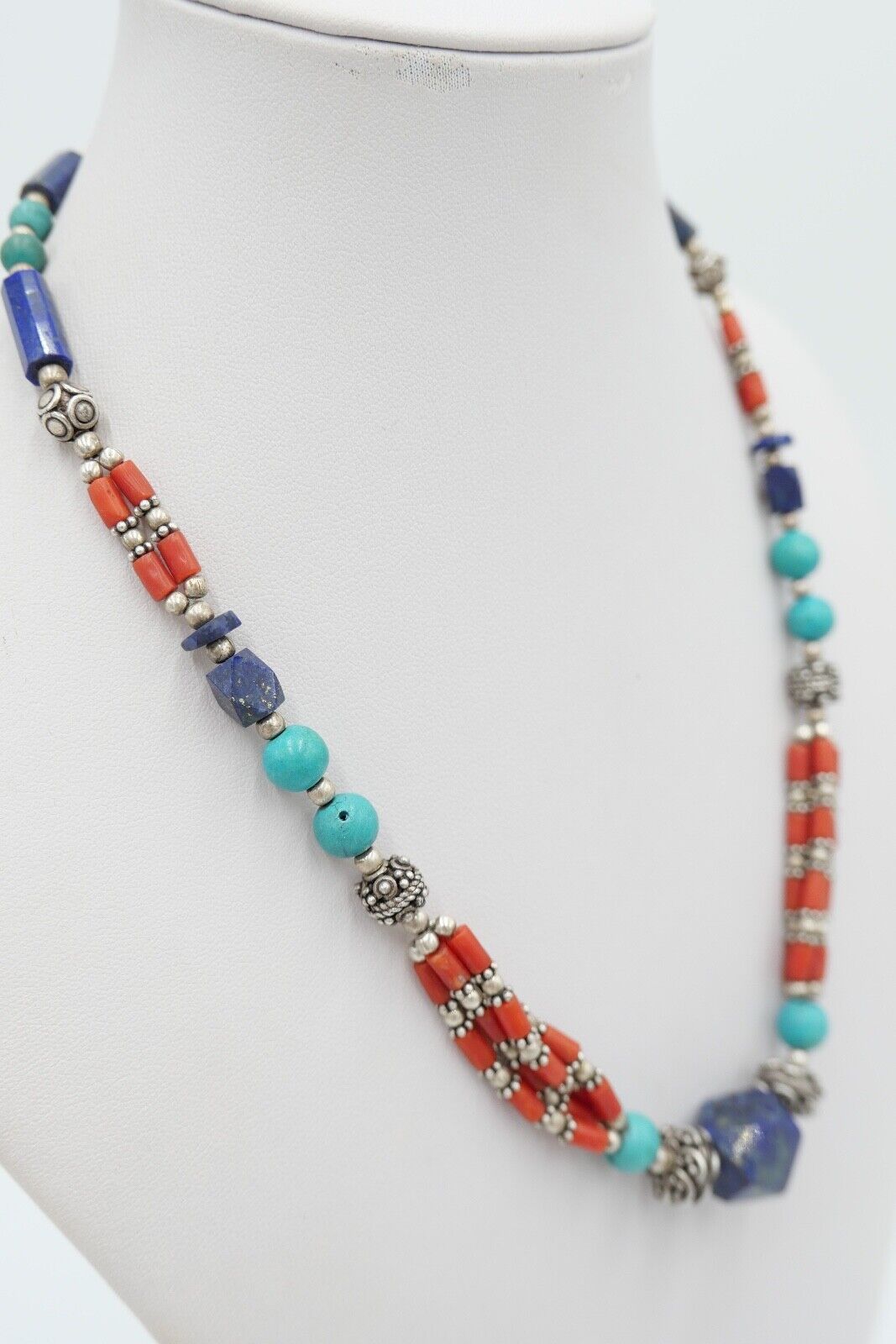 925 Silber Collier 47 cm mit Lapislazuli / Lapis / Türkis / Koralle - Antikhandel-Stuttgart