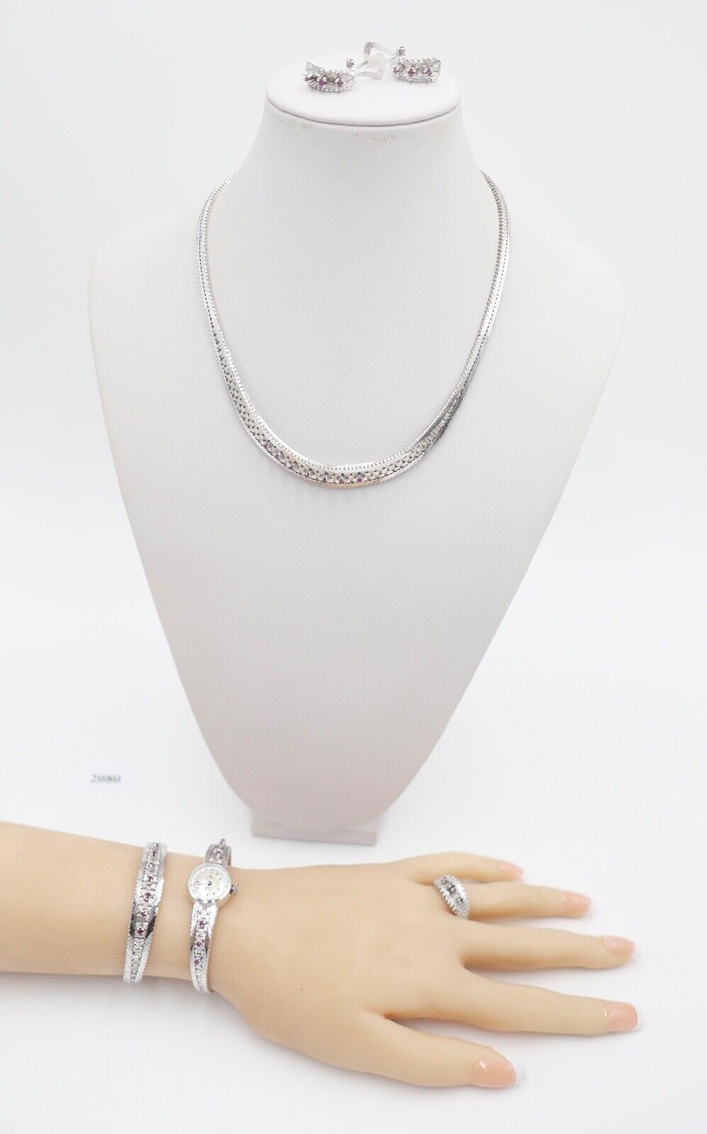 835 Silber Rubin Set " Armband Ring Uhr Ohrringe Collier " 1970er Jahre - Antikhandel-Stuttgart