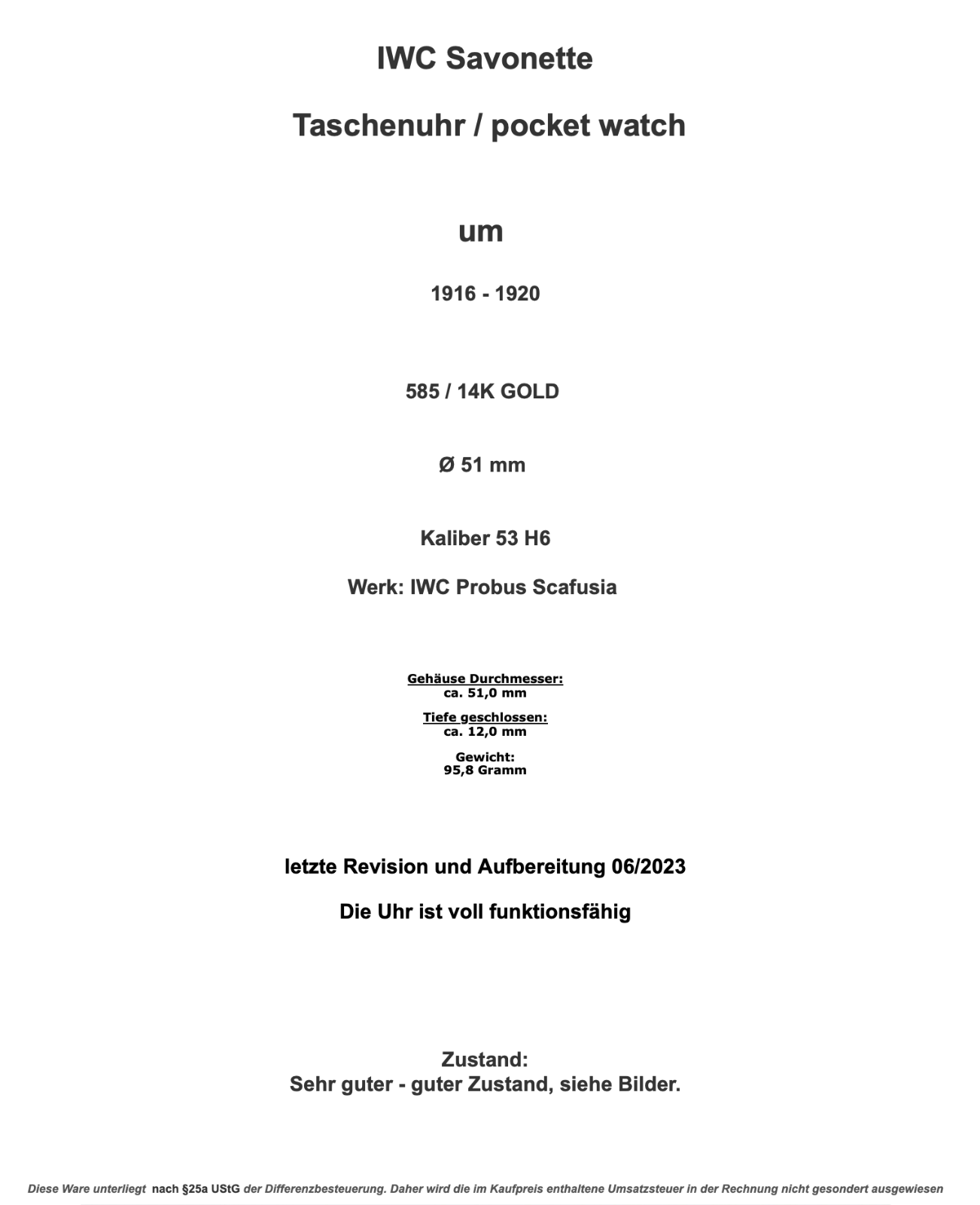IWC Savonette Taschenuhr 585 / 14K GOLD 51mm 1916-1920 Cal.53 H6 Probus Scafusia - Antikhandel-Stuttgart