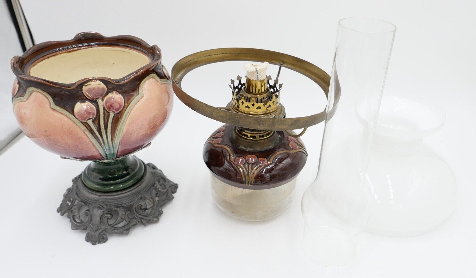 Alte Jugendstil Petroleumlampe um 1910 KARL KNEUSEL Zeulenroda Bronze Majolika - Antikhandel-Stuttgart