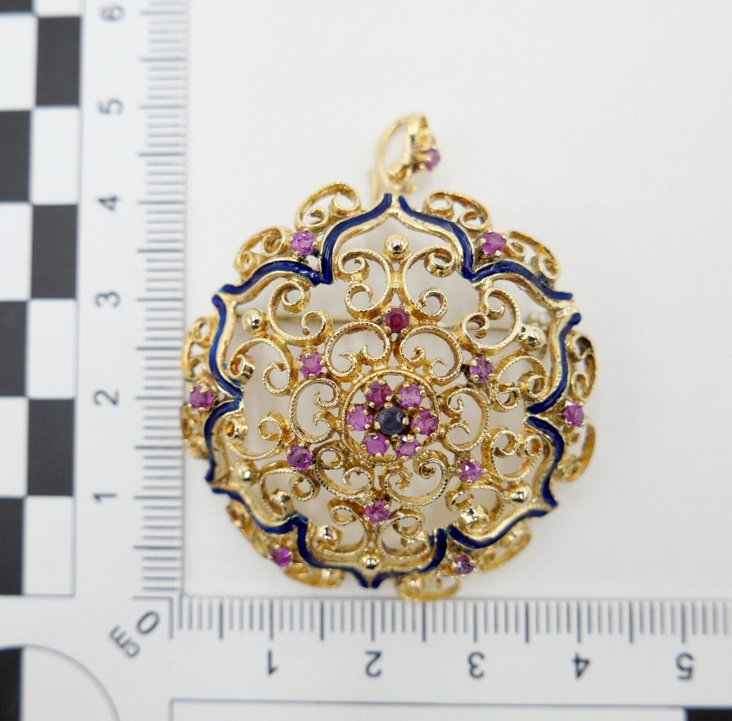 Filigrane Gelbgold Brosche & Anhänger Rubin Saphir Blaue Emaille Ø 40mm 750 18K - Antikhandel-Stuttgart