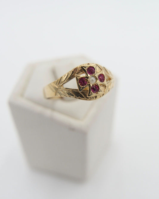 Antiker Ring um 1870 Gr. 54 Rubin Saatperle 800 Silber vergoldet Kreuz Motiv - Antikhandel-Stuttgart