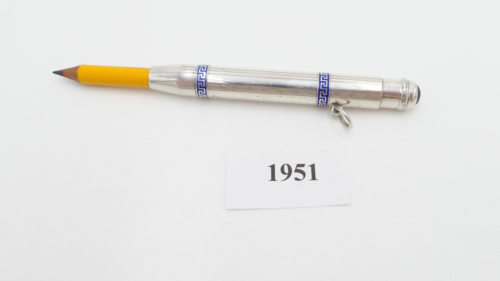 Bleistifthalter Silber 830 mit blauem Mäandermuster blauem Stein im Jugendstil - Antikhandel-Stuttgart