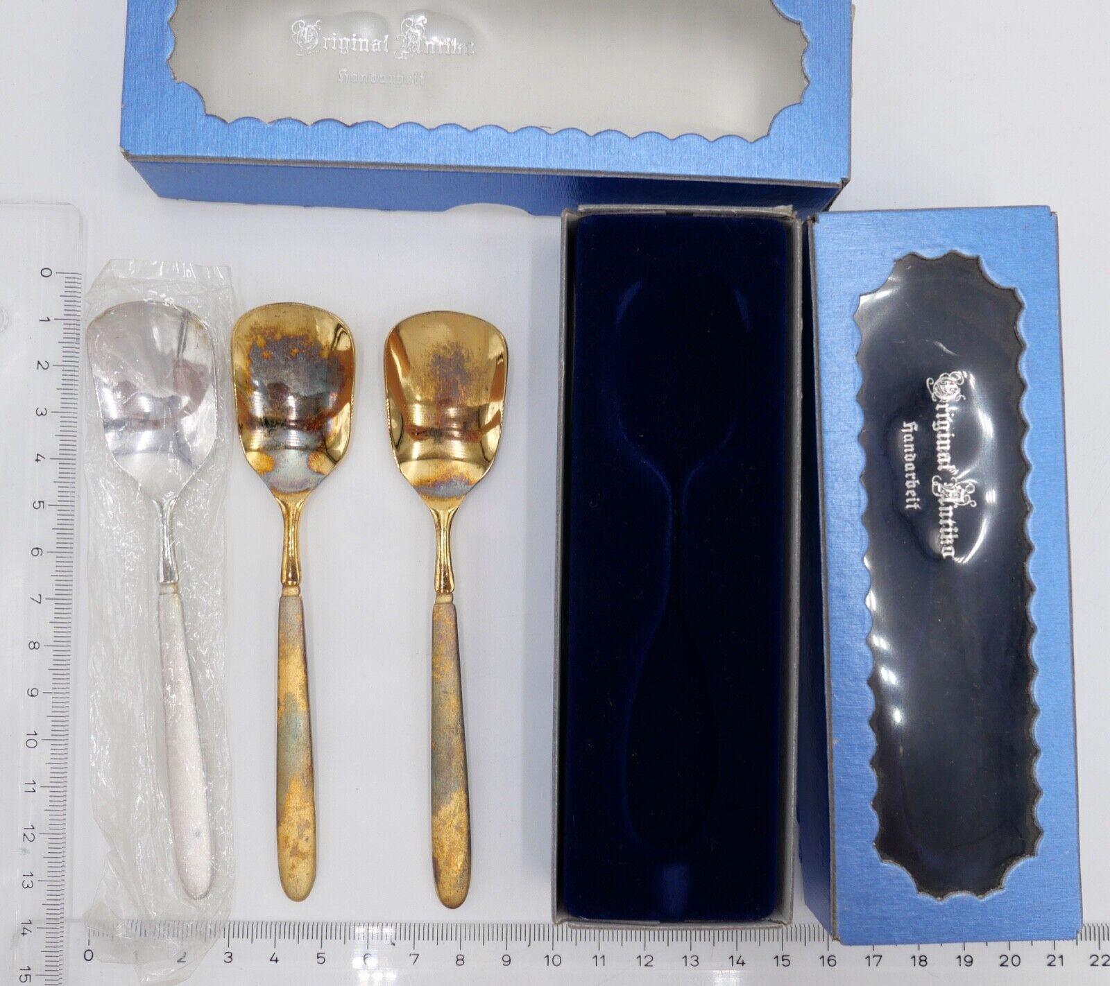 - NEU - OVP - 15 Teile original ANTIKO - vergoldet Kaffeelöffel Kuchenmesser - Antikhandel-Stuttgart