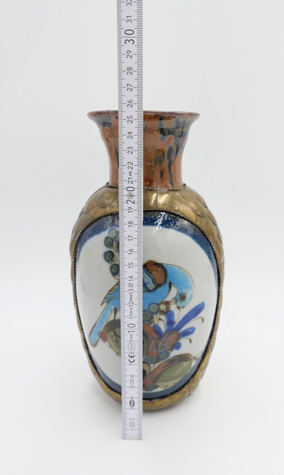 vintage unikat handbemalte Vase Messing Ton Stein Blumen Vögel Taube H: 25,7 cm - Antikhandel-Stuttgart