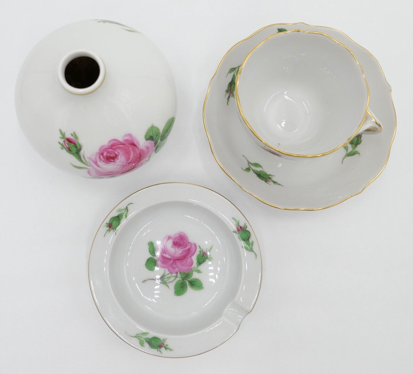 Meissen 1. & 2. Wahl SET " ROTE ROSE " Aschenbecher Vase Mokka Tasse Untertasse - Antikhandel-Stuttgart