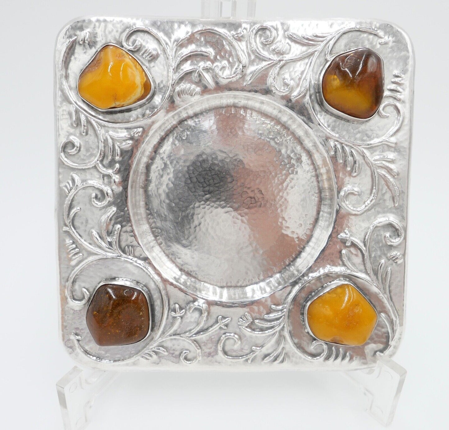 Florales 835 Silber Unterteller Untersetzer Bernstein butterscotch Danielczick - Antikhandel-Stuttgart