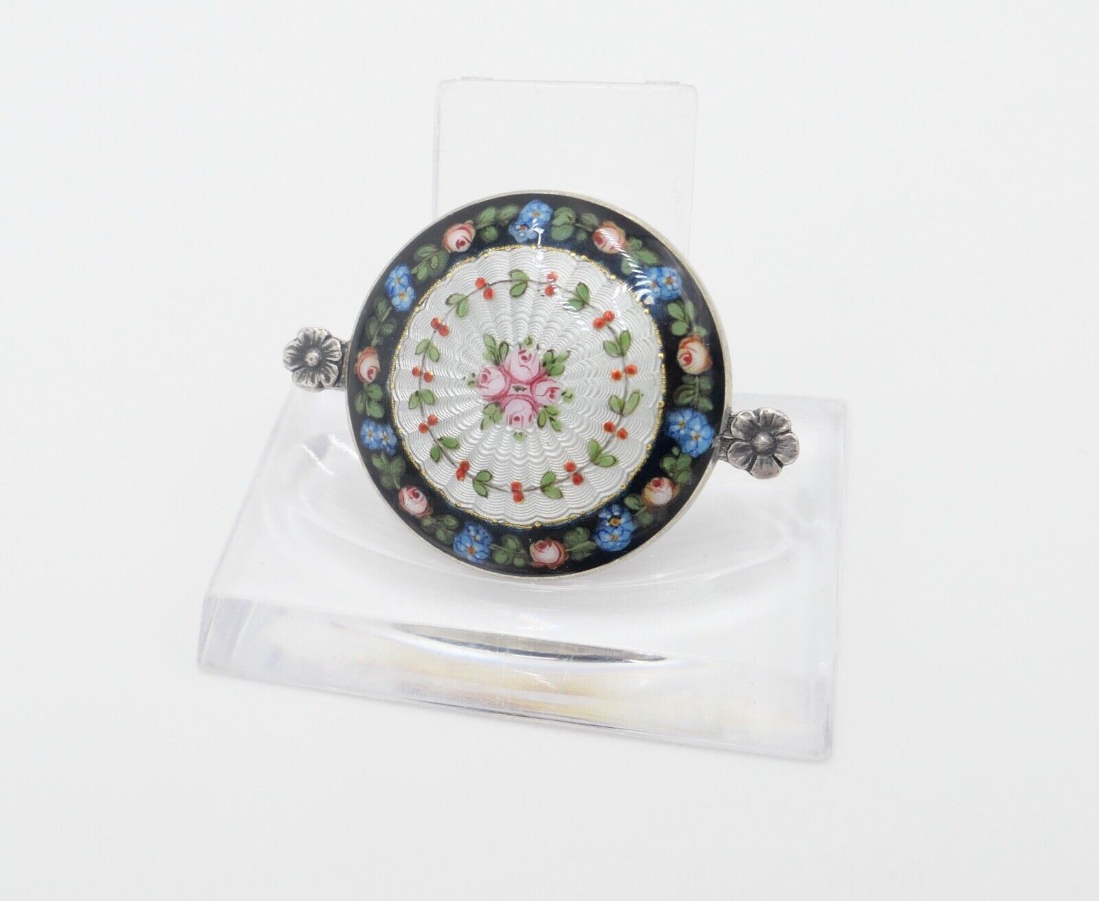 60er Jahre florale Silber Brosche 41 x 30 mm mit Emaille Blumen Rosen - Antikhandel-Stuttgart